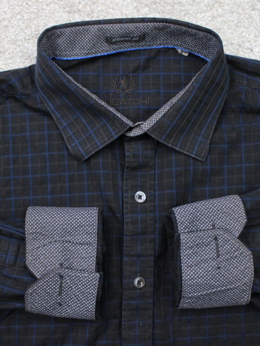 Bugatchi Uomo Shirt Mens XL Black/Blue Check Classic Fit Flip Cuff Long Sleeve